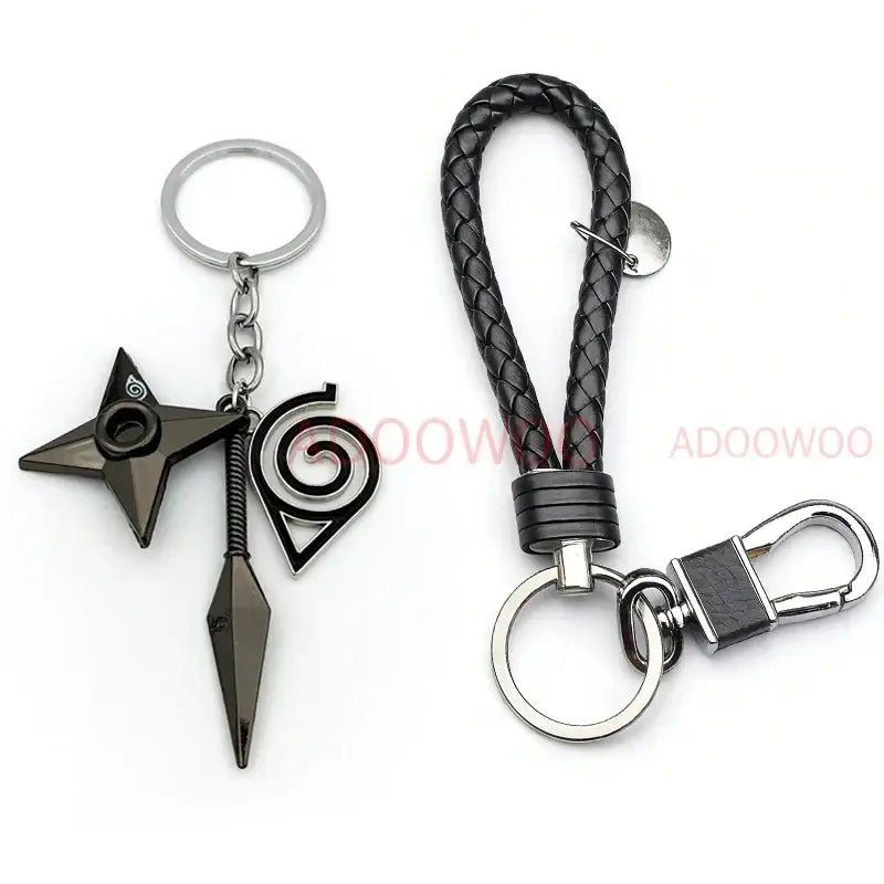 Black metal naruto akatsuki alloy keychain with star-shaped shuriken and spiral headband charm on red cloud leather rope
