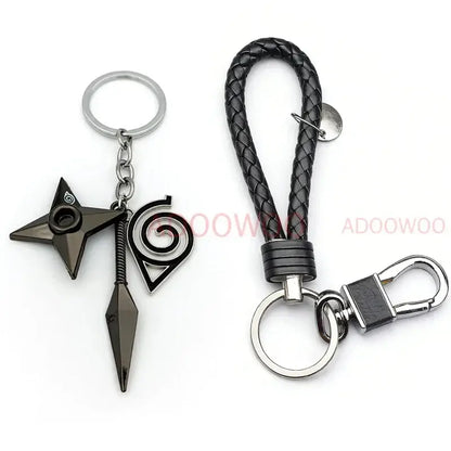 Black metal naruto akatsuki alloy keychain with star-shaped shuriken and spiral headband charm on red cloud leather rope