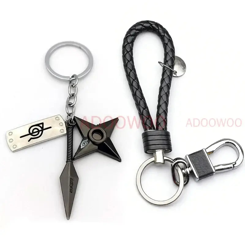 Black and silver naruto akatsuki alloy keychain with red cloud leather rope braided strap shuriken kunai and forehead protector charm
