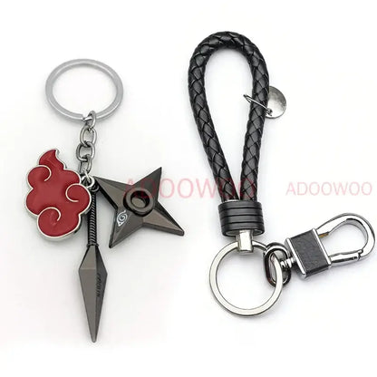 Black braided leather keychain with silver clasp and ring for Naruto Akatsuki alloy keychain red cloud leather rope