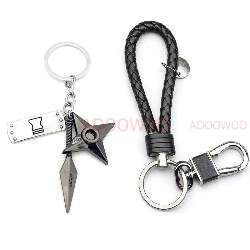 Black braided leather Naruto Akatsuki alloy keychain with silver clasp and ring featuring red cloud rope design