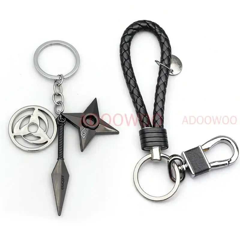 Black braided leather keychain with silver metal clasp and ring featuring naruto akatsuki red cloud alloy design