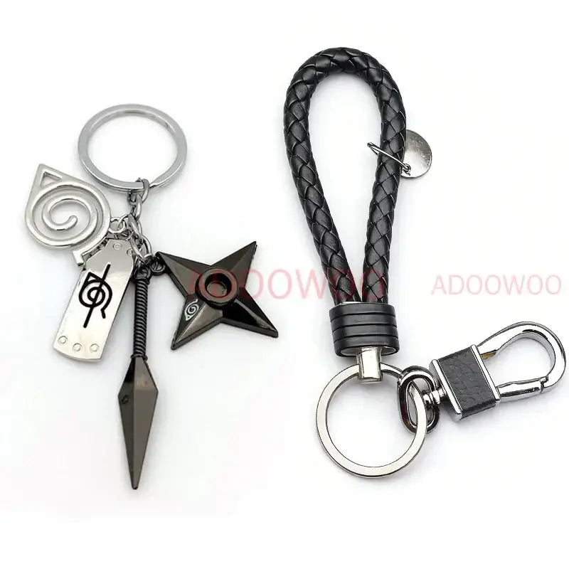 Naruto akatsuki alloy keychain featuring a black braided leather rope with silver metal clasp and ring
