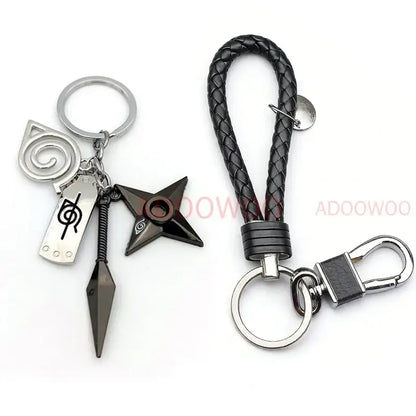 Naruto akatsuki alloy keychain featuring a black braided leather rope with silver metal clasp and ring