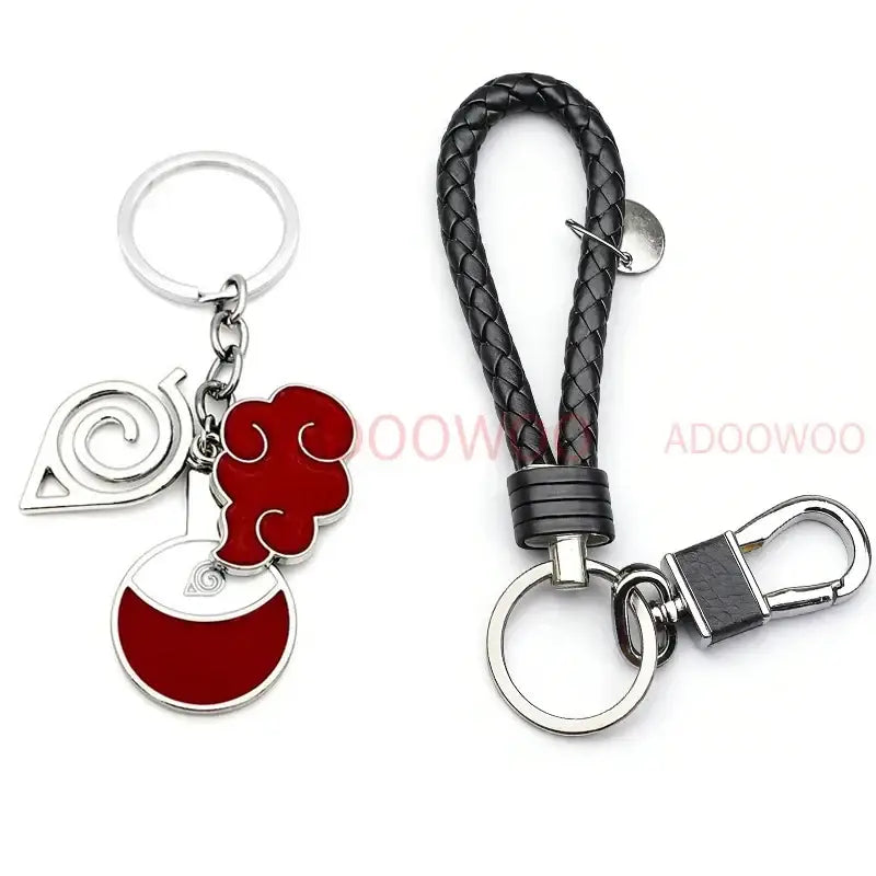 Red and silver enamel akatsuki alloy keychain with red cloud emblem and leather rope from naruto modname=ckeditor