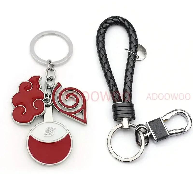 Red and silver enamel naruto akatsuki alloy keychain with red cloud leather rope featuring spiral headband and sharingan eye emblems