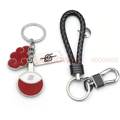 Red and silver naruto akatsuki alloy keychain with red cloud and braided black leather rope modname=ckeditor