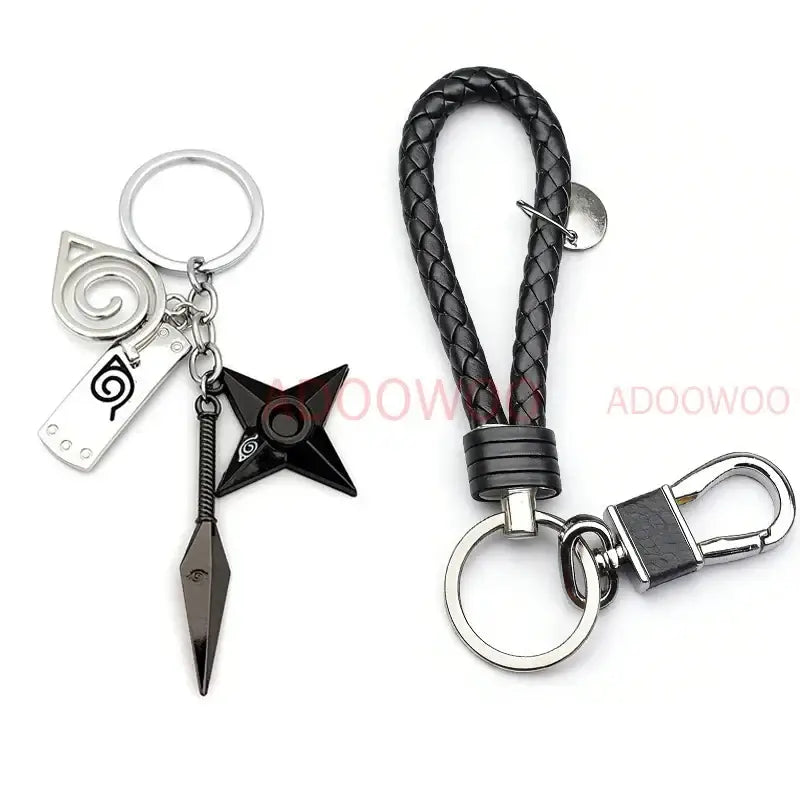 Naruto Akatsuki alloy keychain featuring a black braided leather rope with silver metal clasp and ring modname=ckeditor