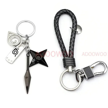 Naruto Akatsuki alloy keychain featuring a black braided leather rope with silver metal clasp and ring modname=ckeditor