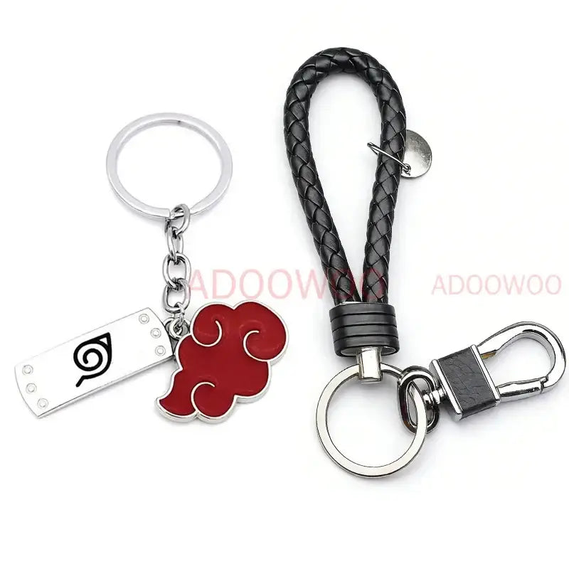 Red and silver naruto akatsuki alloy keychain with red cloud design and black braided leather rope loop