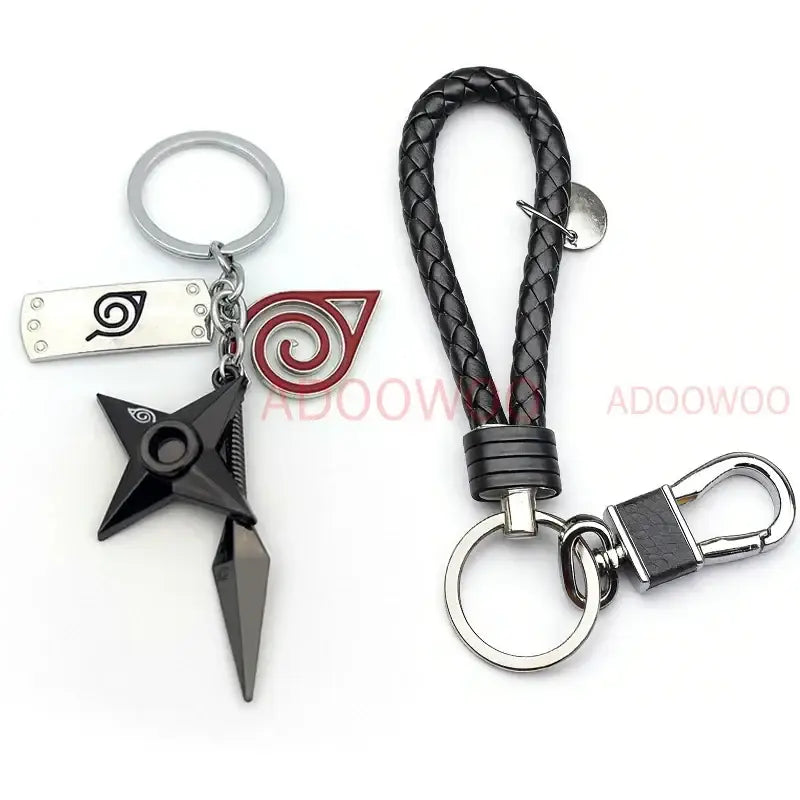 Black metal ninja star keychain with silver headband charm and red spiral emblem for naruto akatsuki alloy keychain