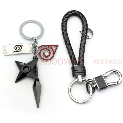 Black metal ninja star keychain with silver headband charm and red spiral emblem for naruto akatsuki alloy keychain