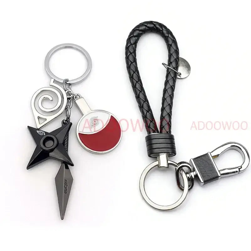 Naruto akatsuki alloy keychain with red cloud black braided leather rope and silver metal clasp and ring
