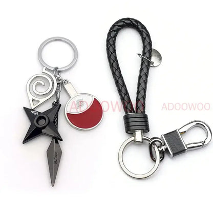 Naruto akatsuki alloy keychain with red cloud black braided leather rope and silver metal clasp and ring
