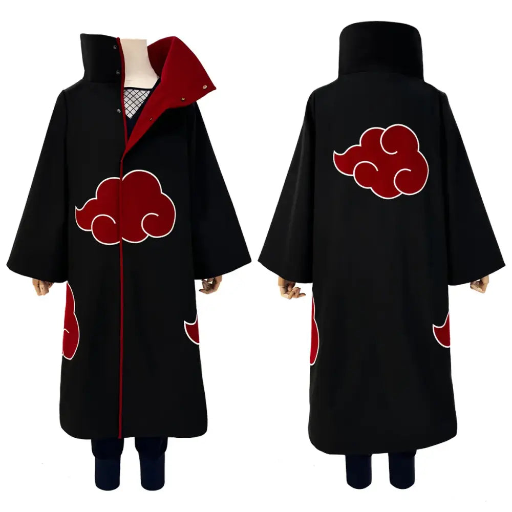 Black akatsuki cloak with red cloud embroidery and matching lining featuring high collar and long sleeves for cosplay