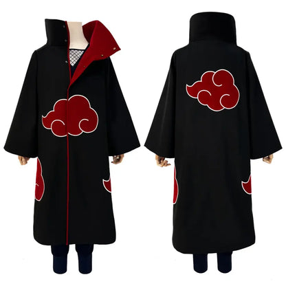Black akatsuki cloak with red cloud embroidery and matching lining featuring high collar and long sleeves for cosplay