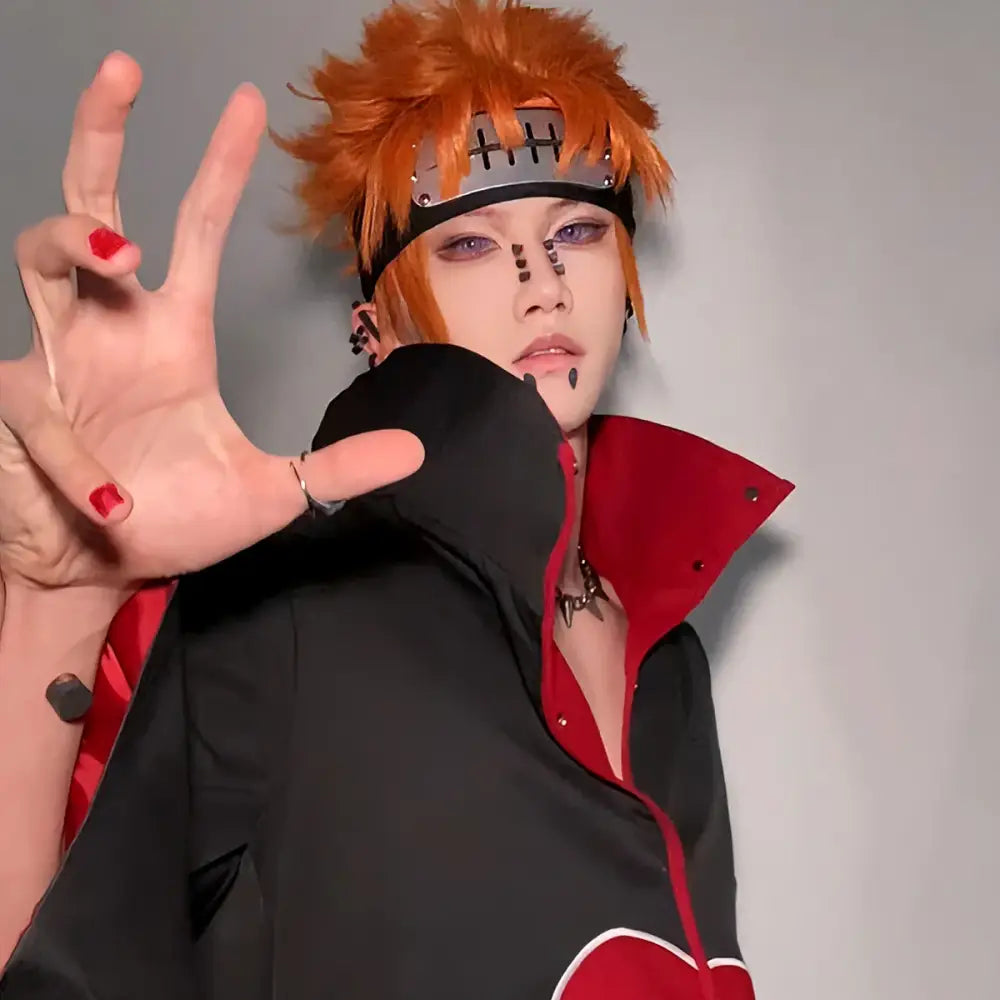 Naruto akatsuki cloak embroidered robe in black with red lining and white cloud emblem on shoulder in sizes S to 2XL