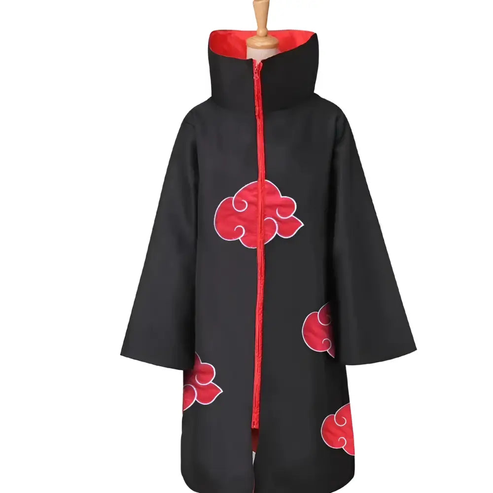 Naruto akatsuki cosplay cloak set with black fabric, red cloud embroidery, and matching red zipper with headband