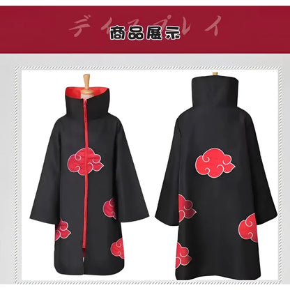 Black cloak set with red cloud insignia and red zipper designed as naruto akatsuki cosplay outfit with headband