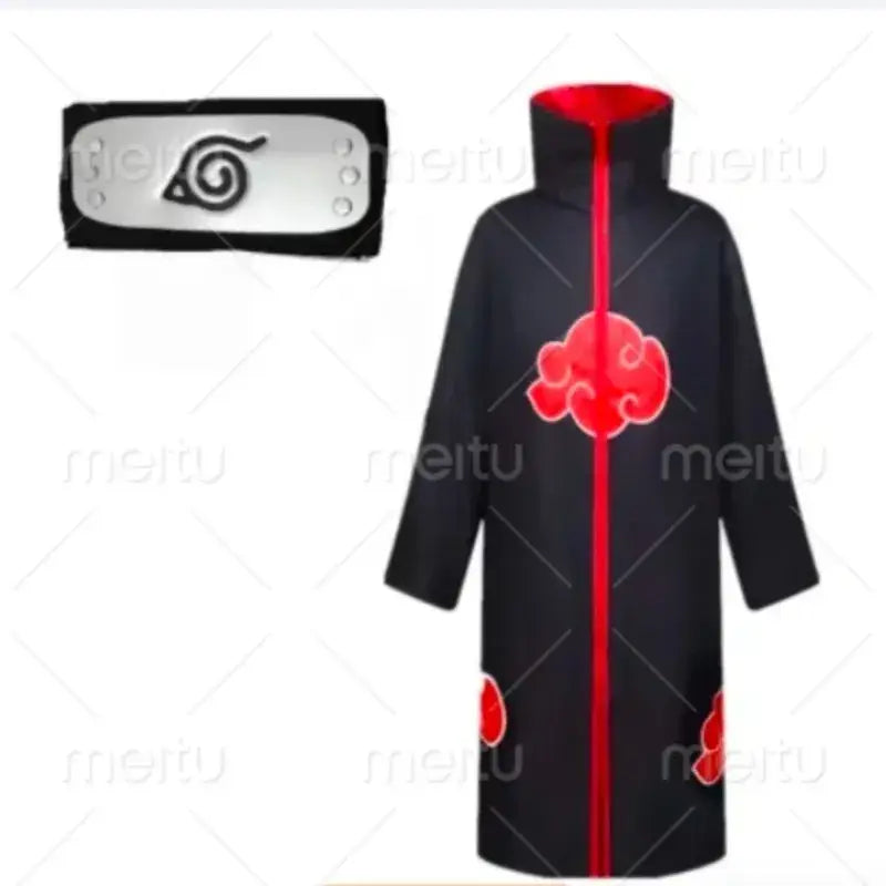 Black akatsuki cosplay cloak set with red cloud emblem zipper and silver headband with black spiral insignia