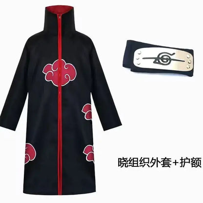 Naruto akatsuki cosplay cloak set featuring black cloak with red cloud insignias and matching headband with silver plate