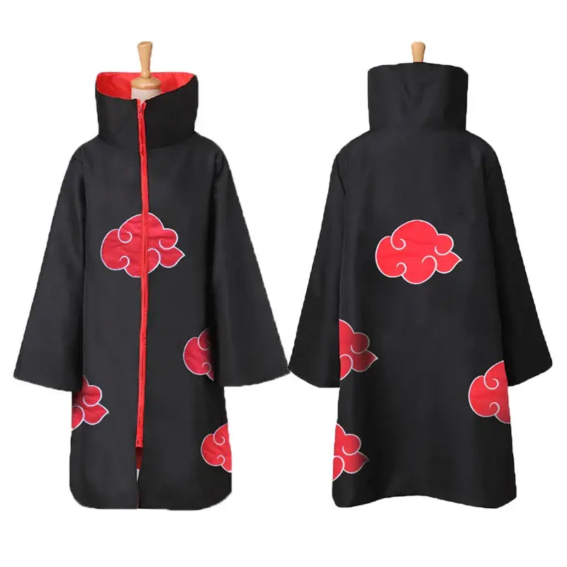 Black akatsuki cosplay cloak set with red cloud embroidery and matching red zipper on wooden mannequins