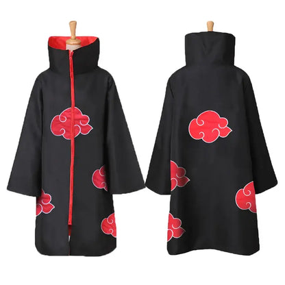 Black akatsuki cosplay cloak set with red cloud embroidery and matching red zipper on wooden mannequins