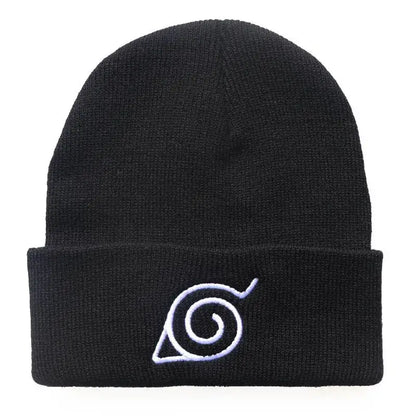 Black knitted bonnet beanie with white embroidered spiral emblem and red cloud embroidery on folded cuff