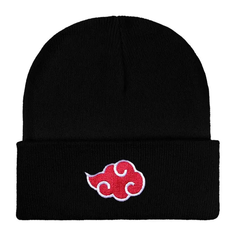 Black knitted bonnet featuring red cloud embroidery on the cuff from naruto akatsuki collection