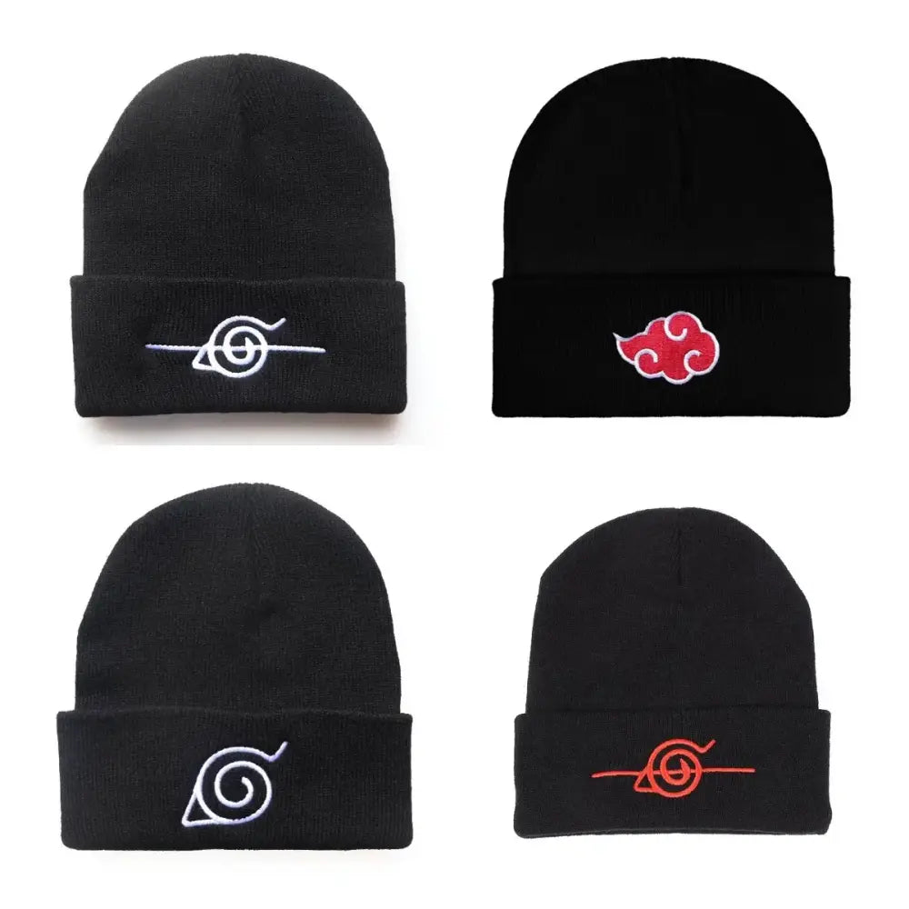 Black knitted bonnet with red cloud embroidery on folded cuff Naruto Akatsuki knitted beanie