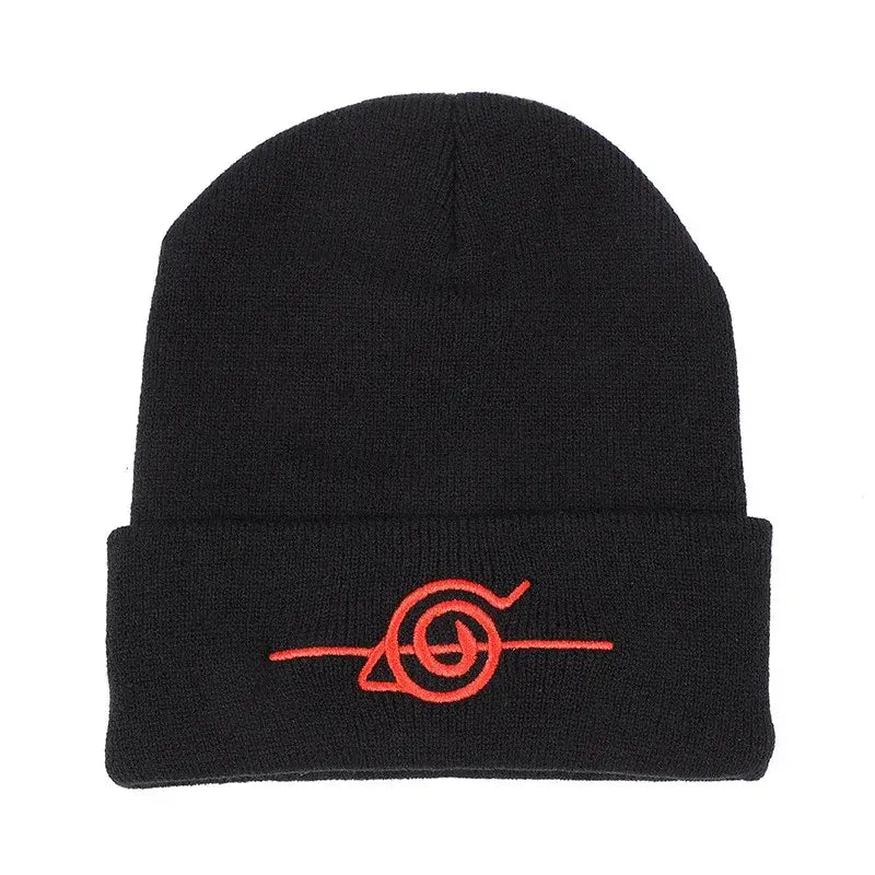 Black knitted bonnet featuring red cloud embroidery uzumaki clan symbol on the folded brim for Naruto fans