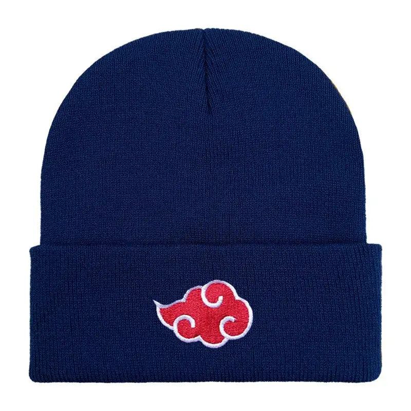 Navy blue knitted bonnet with red cloud embroidery on the cuff from naruto akatsuki collection