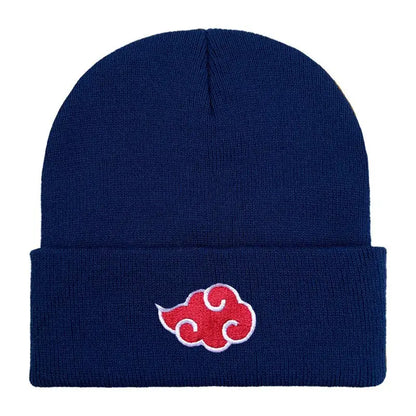 Navy blue knitted bonnet with red cloud embroidery on the cuff from naruto akatsuki collection
