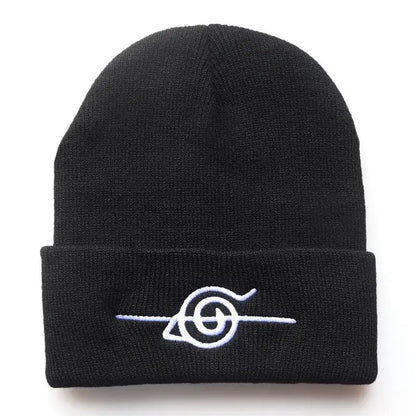 Black knit warm hat with white uzumaki clan symbol featuring red cloud embroidery on folded cuff