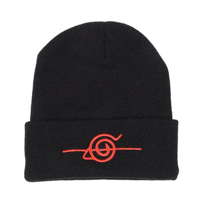 Black knit warm hat with red cloud embroidery on the folded brim featuring the uzumaki clan symbol