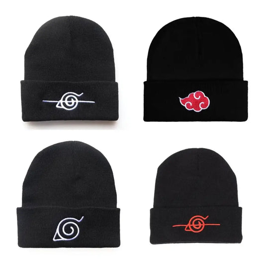 Black knit warm hat with red cloud embroidery on folded cuff inspired by naruto akatsuki bonnet