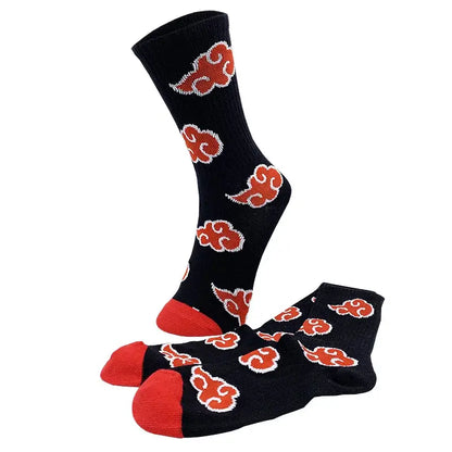 Black cotton crew long socks with akatsuki red cloud motifs and solid red toe caps for Naruto fans