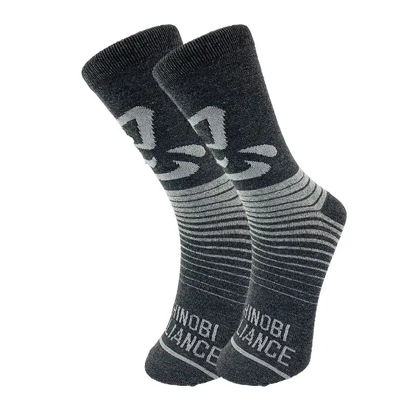 Dark gray naruto akatsuki long socks with elastic cotton crew style featuring white and light gray akatsuki red cloud logo