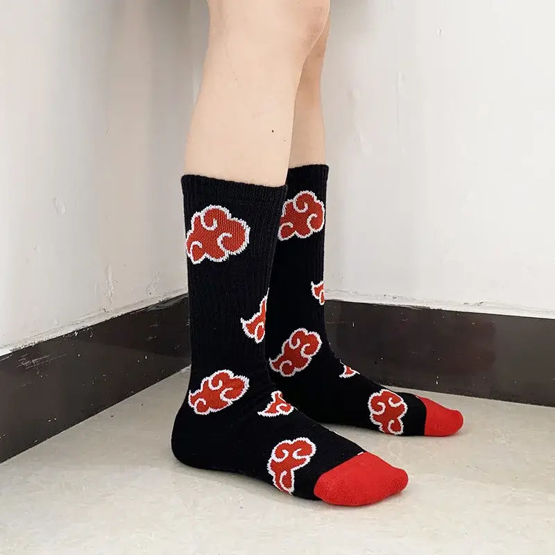 Black knee-high long socks with akatsuki red cloud patterns and red toe caps made from elastic cotton crew style