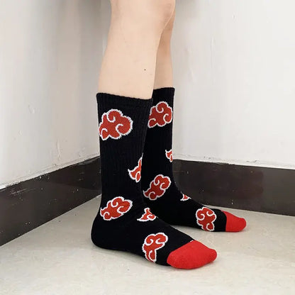 Black knee-high long socks with akatsuki red cloud patterns and red toe caps made from elastic cotton crew style