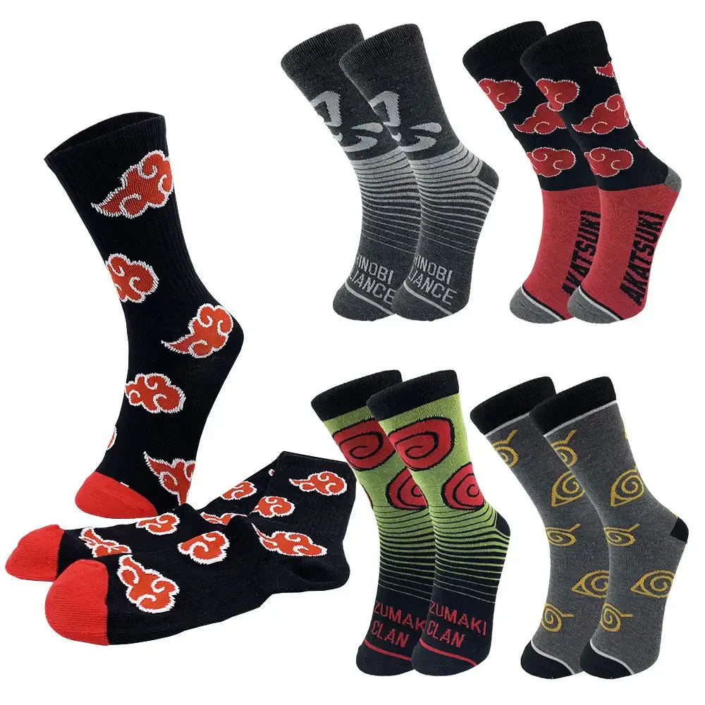 Black cotton long socks with akatsuki red cloud patterns and white outlines from naruto in crew style