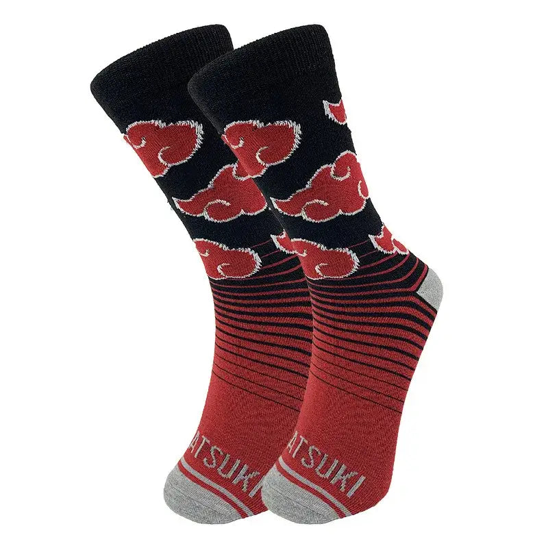 Naruto akatsuki long socks in black and red cotton with akatsuki red cloud embroidery and gray accents