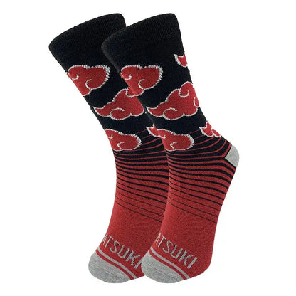 Naruto akatsuki long socks in black and red cotton with akatsuki red cloud embroidery and gray accents