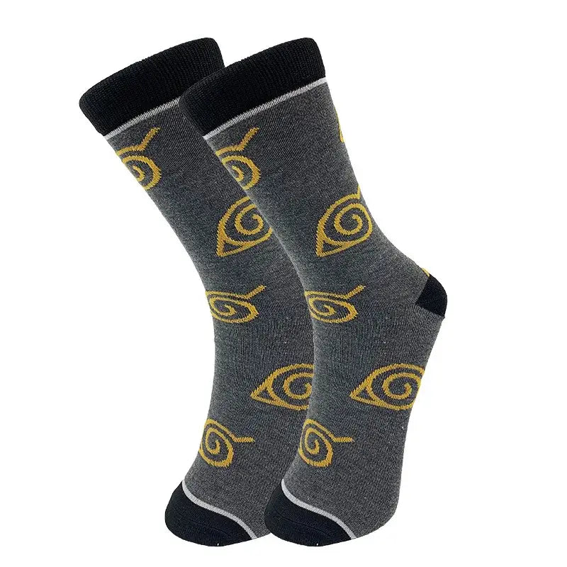 Naruto Akatsuki long socks gray elastic cotton crew style with yellow spiral eye patterns and black ribbed cuffs and toe caps