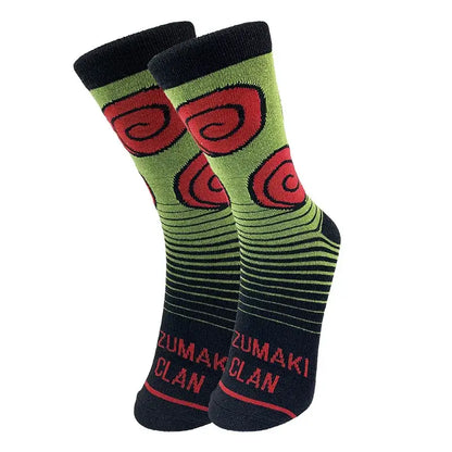Naruto akatsuki long socks in lime green and black with red spiral designs and zumaki clan red cloud text in elastic cotton