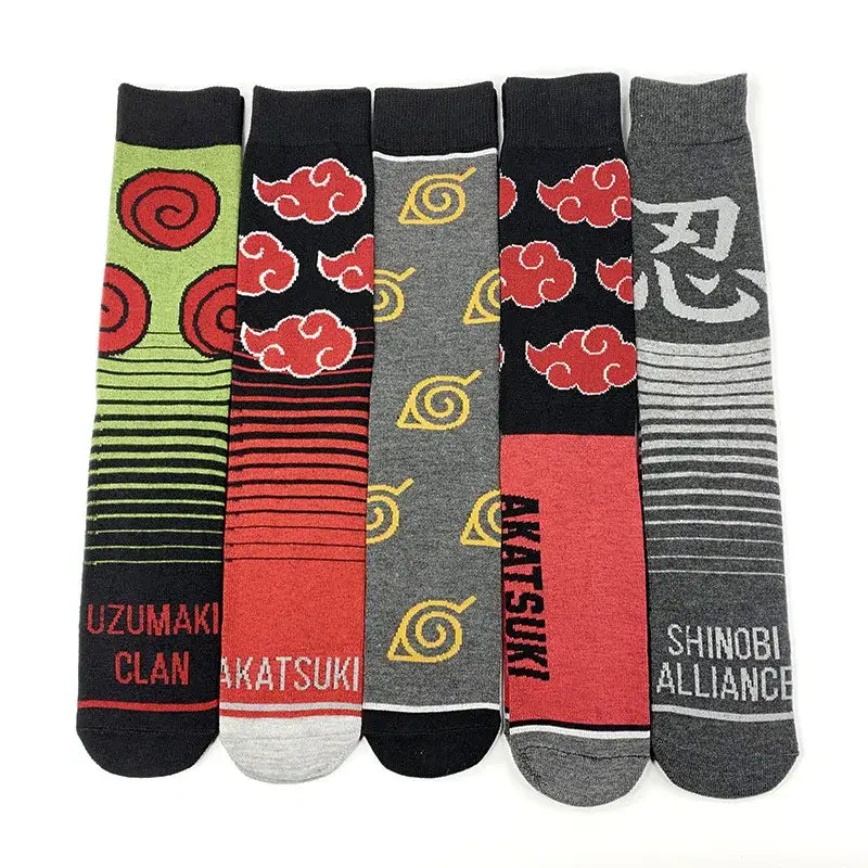 Five naruto akatsuki red cloud long socks featuring vibrant red clouds yellow spirals uzumaki clan on cotton crew style