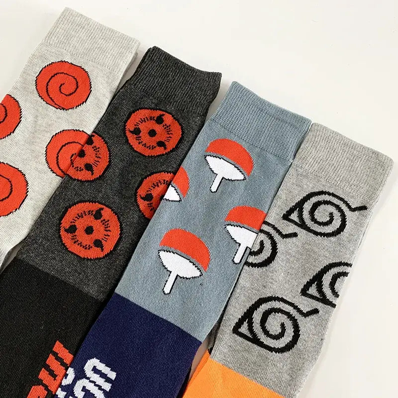 Four pairs of naruto akatsuki red cloud long socks in gray black blue and heathered gray cotton knit fabric