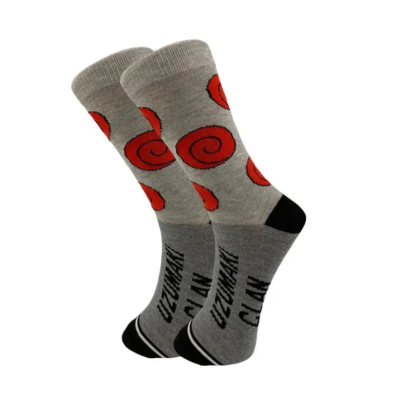 Gray elastic cotton crew long socks featuring bold red spiral patterns and uzumaki clan print, inspired by akatsuki red cloud