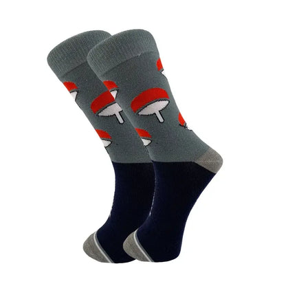 Naruto akatsuki long socks in gray and navy blue elastic cotton with playful red capped mushrooms and akatsuki red cloud pattern