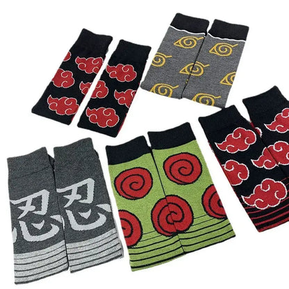 Set of five Naruto Akatsuki long socks in black gray and green with red cloud and yellow spiral knit patterns